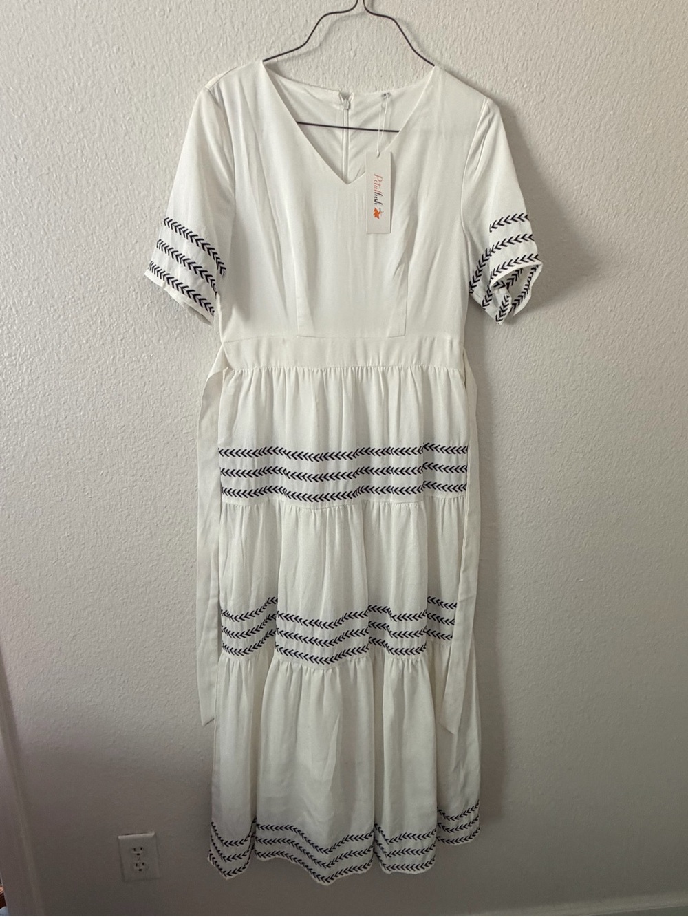 White Embroidered V-Neck Midi Dress